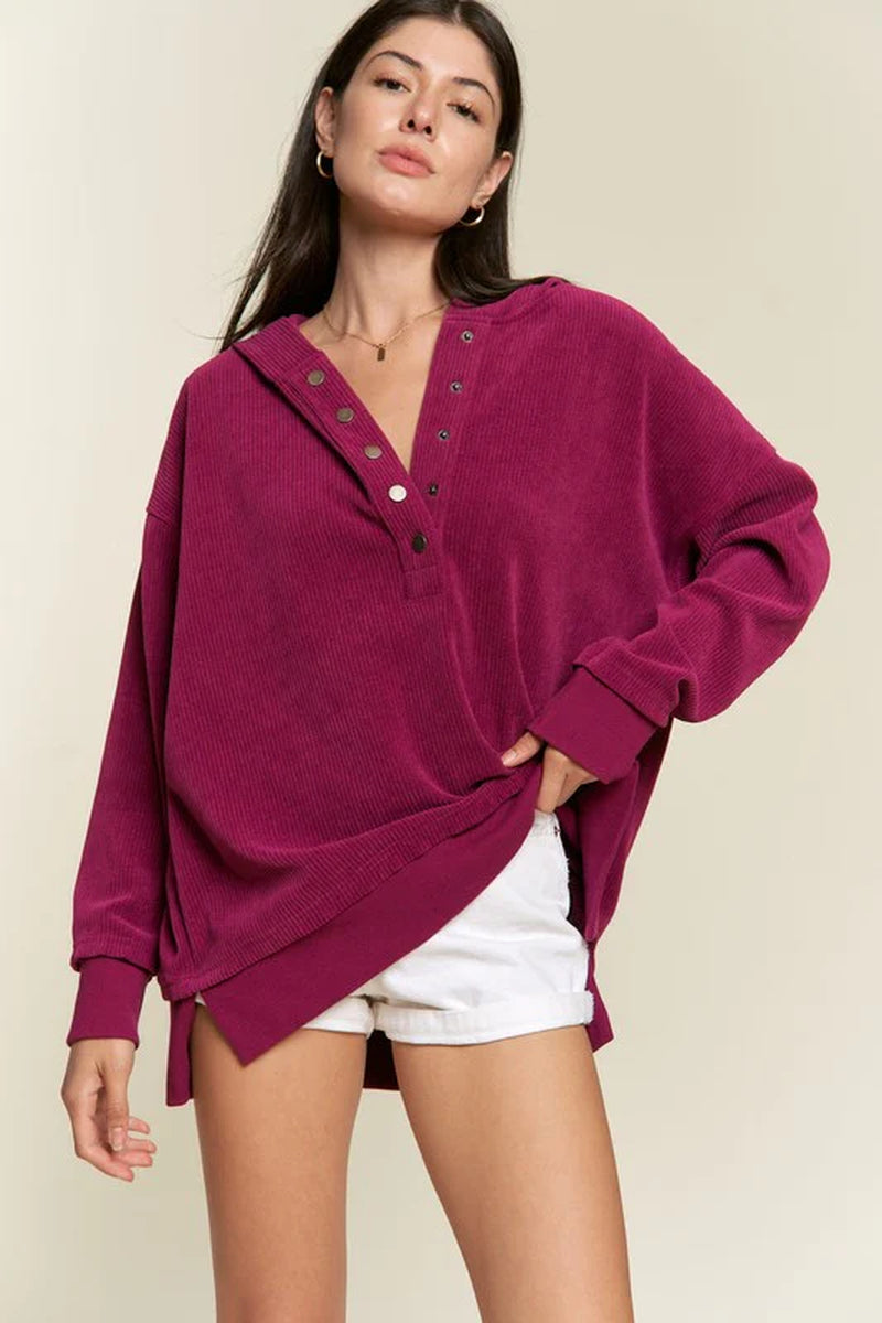 Long Sleeve Button down Ribbed Hooded Sweatshirt