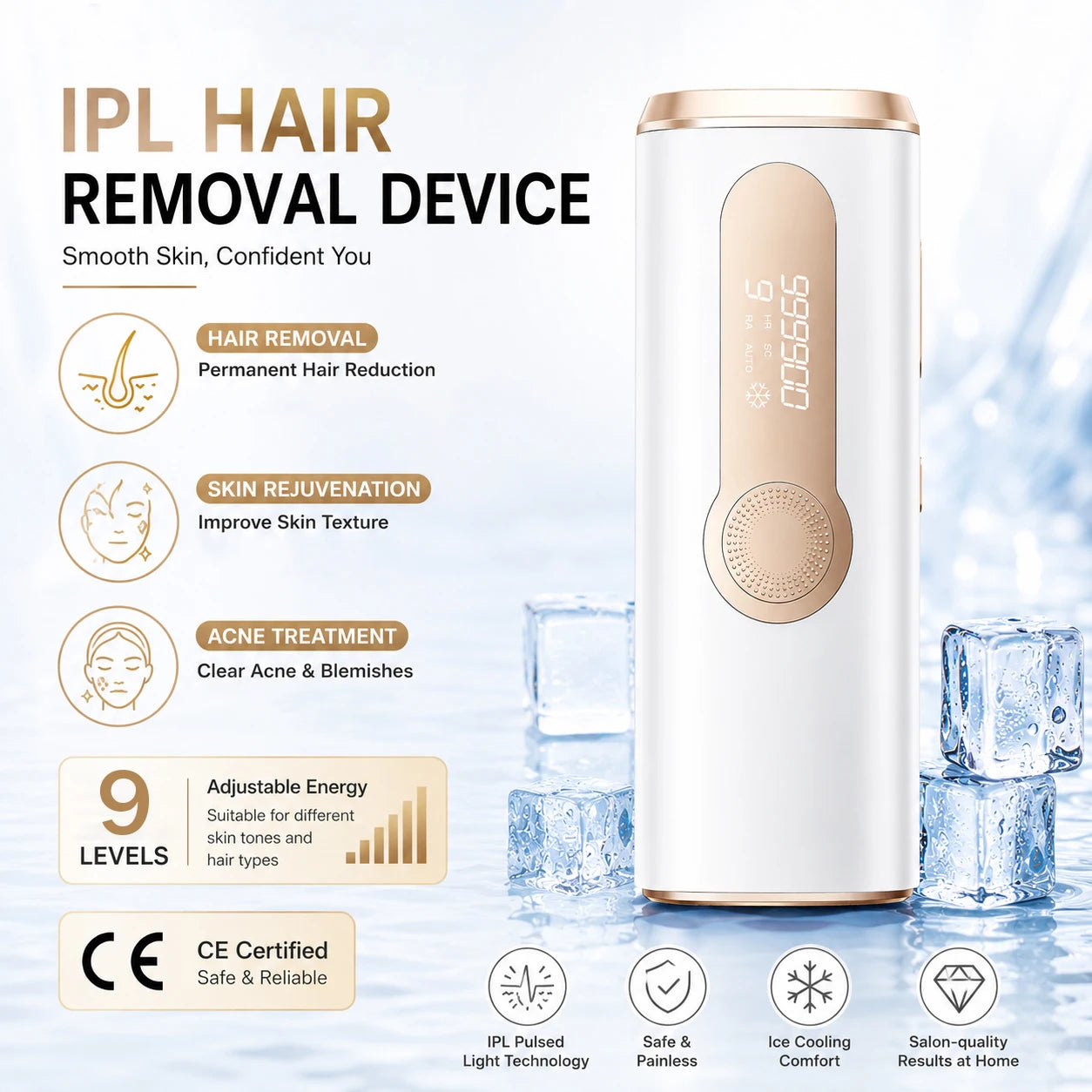 2026 IPL Pulsed Light Hair Removal Device with Cooling Function, 999,900 Flashes, 3-In-1 Laser Hair Removal Device [HR/SC/RA] for Women & Men, 9 Energy Levels for Underarms/Bikini Line/Body