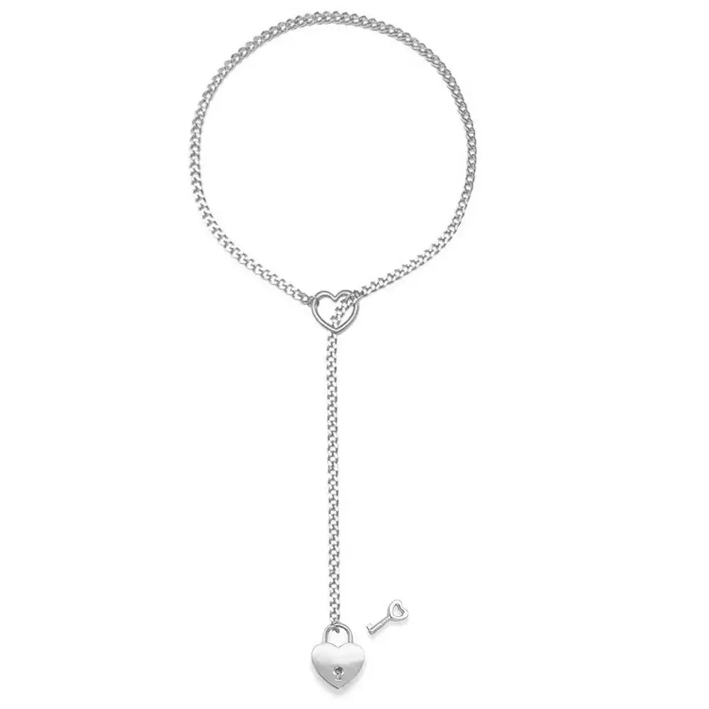 Adjustable Punk Rock Heart O-Ring Necklace – Stylish Cuban Chain with Key & Heart Lock Pendant, Limited Stock!