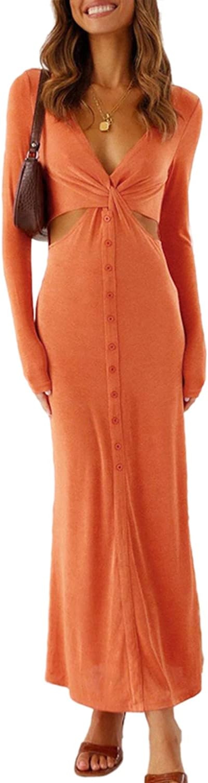Women'S Long Sleeve Cut Out Dress Knitted High Slit Sexy Long Bodycon Dresses