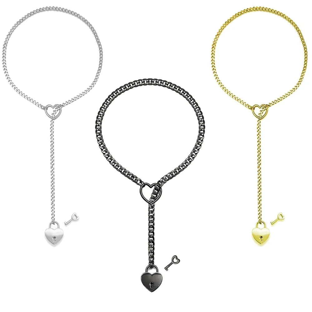 Adjustable Punk Rock Heart O-Ring Necklace – Stylish Cuban Chain with Key & Heart Lock Pendant, Limited Stock!