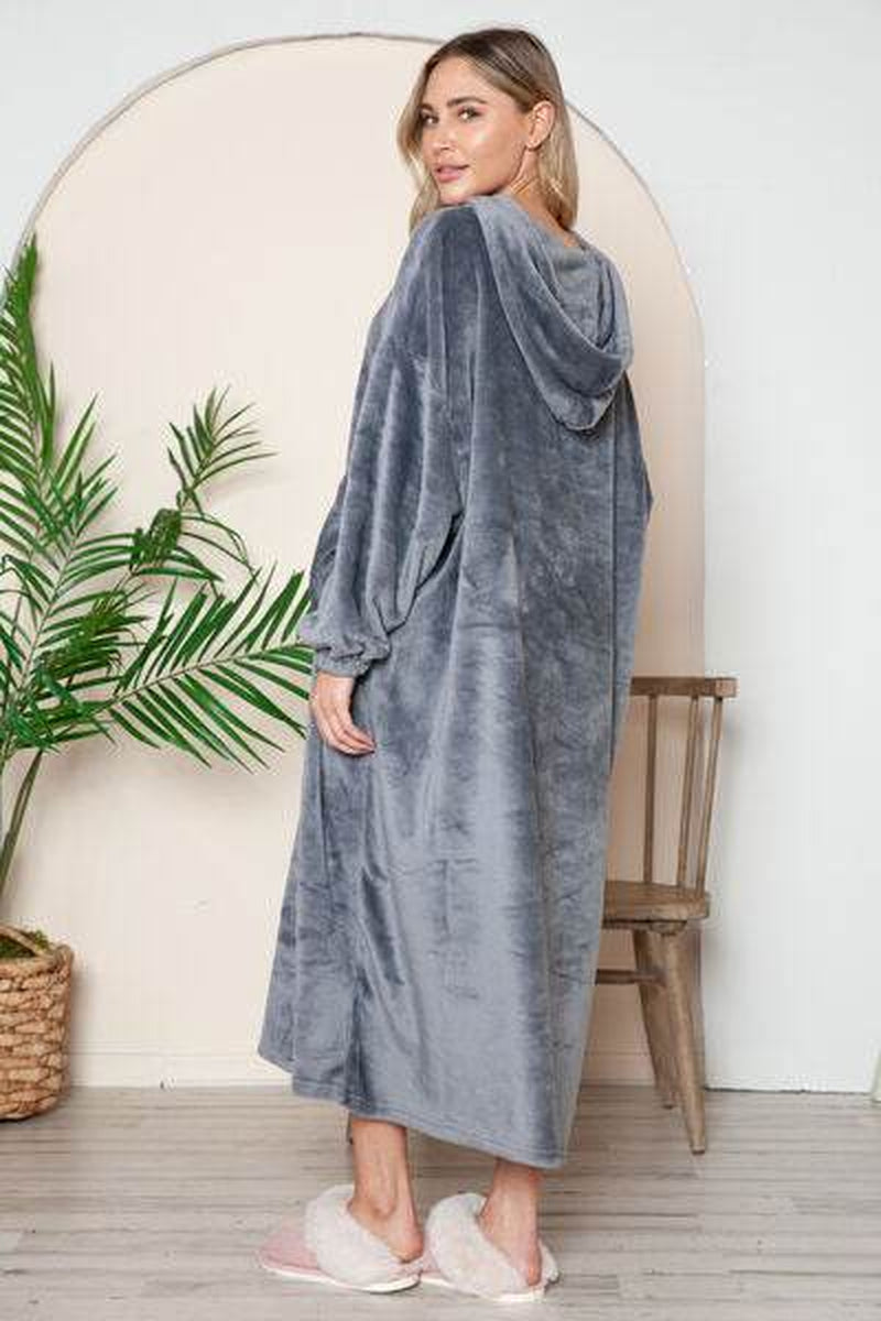 Double Take Full Size Pocketed Hooded Midi Lounge Dress