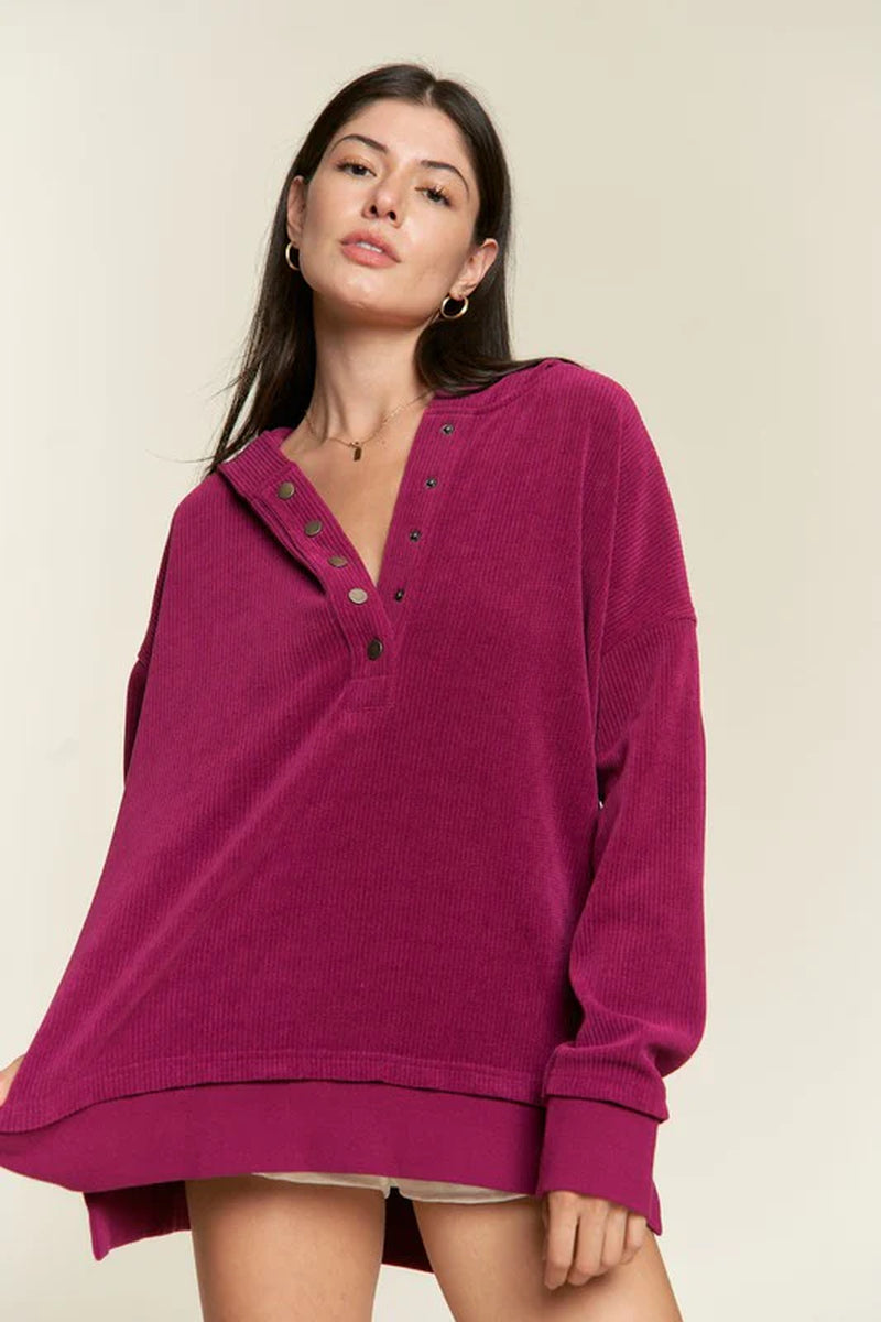 Long Sleeve Button down Ribbed Hooded Sweatshirt