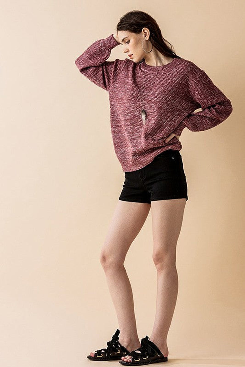 Round Neck Balloon Sleeve Heathered Sweater