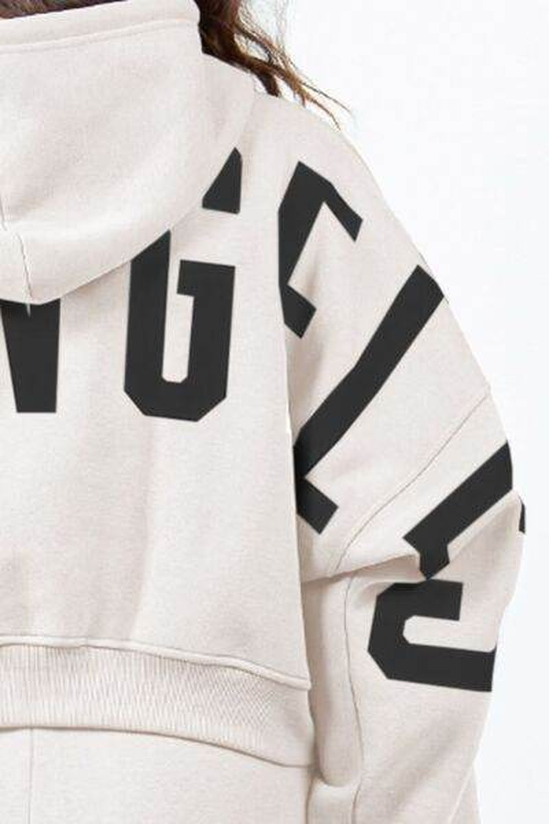 American Bazi Letter Graphic Long Sleeve Drawstring Cropped Hoodie