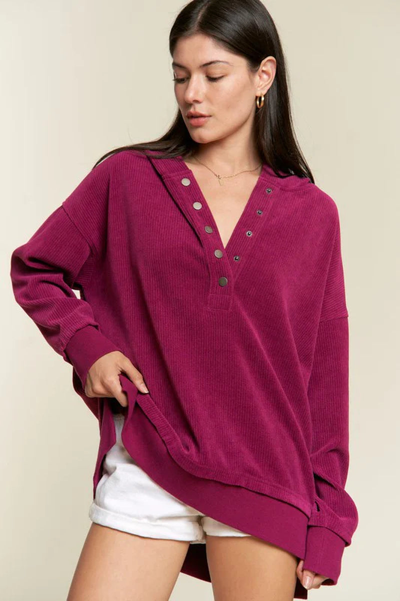 Long Sleeve Button down Ribbed Hooded Sweatshirt