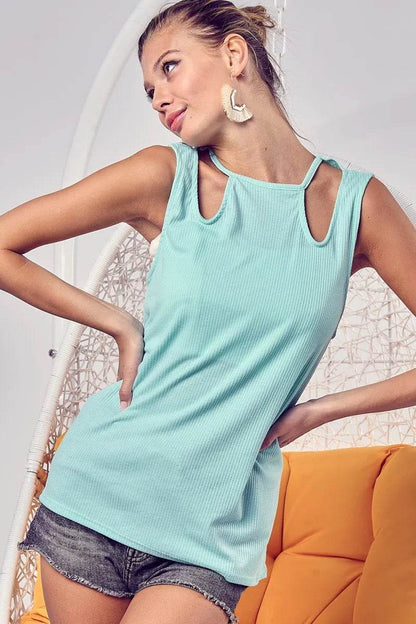 Chic Bibi Rib Knit Top with Trendy Shoulder Cut-Outs - Elevate Your Style Today!